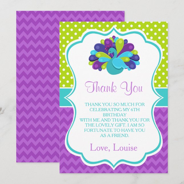 Cute Peacock Green and Purple Birthday Thank You Card (Front/Back)