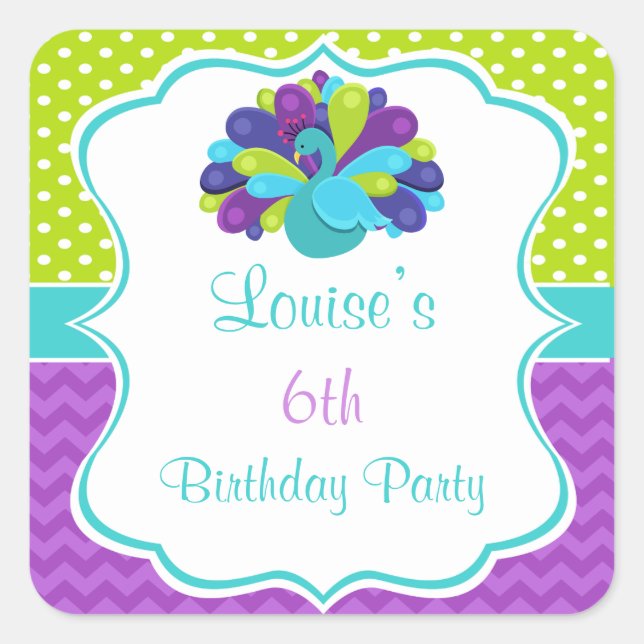 Cute Peacock Green and Purple Square Sticker (Front)