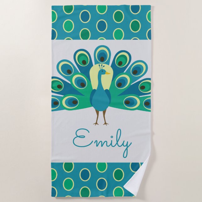 Cute Peacock Personalised Beach Towel (Front)