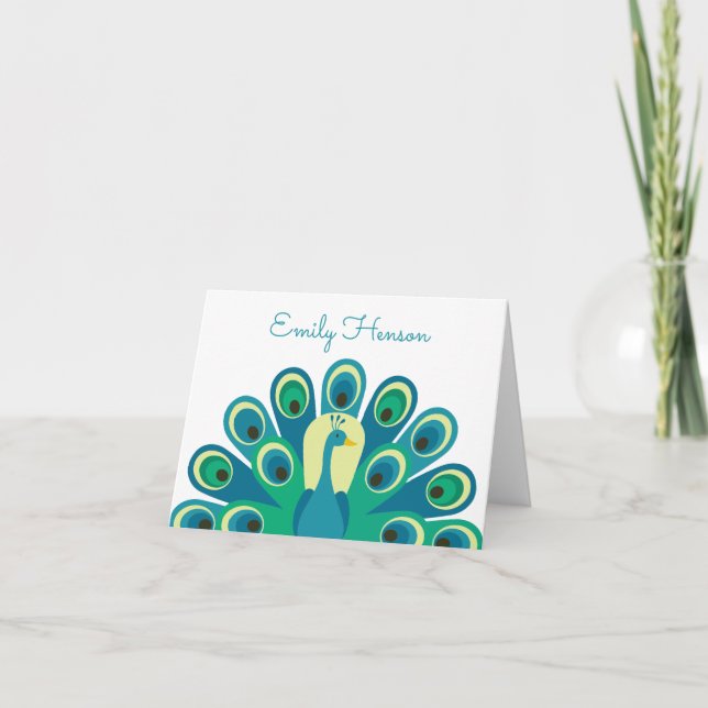 Cute Peacock Personalised Folded Note Cards (Front)