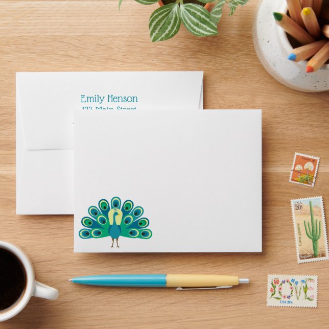 Cute Peacock Personalised Stationery Envelopes (Desk)
