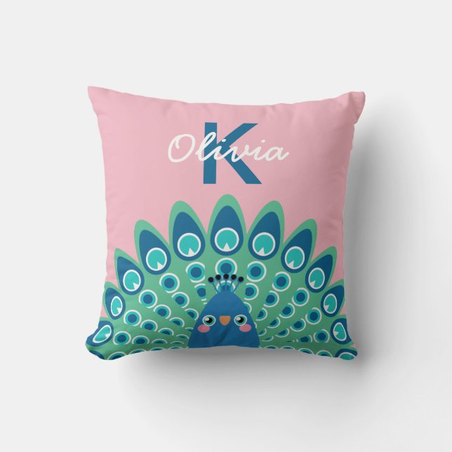 Cute Peacock | Pink Monogrammed Cushion (Front)