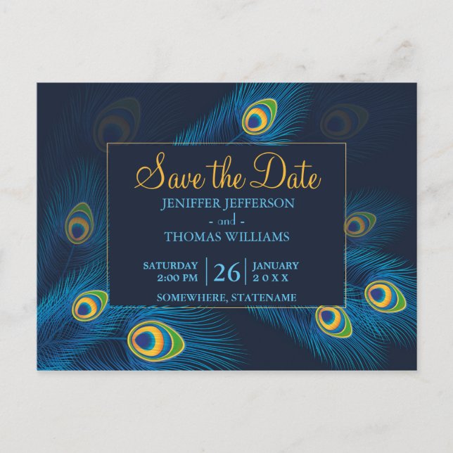 Cute Peacock save the date postcard (Front)