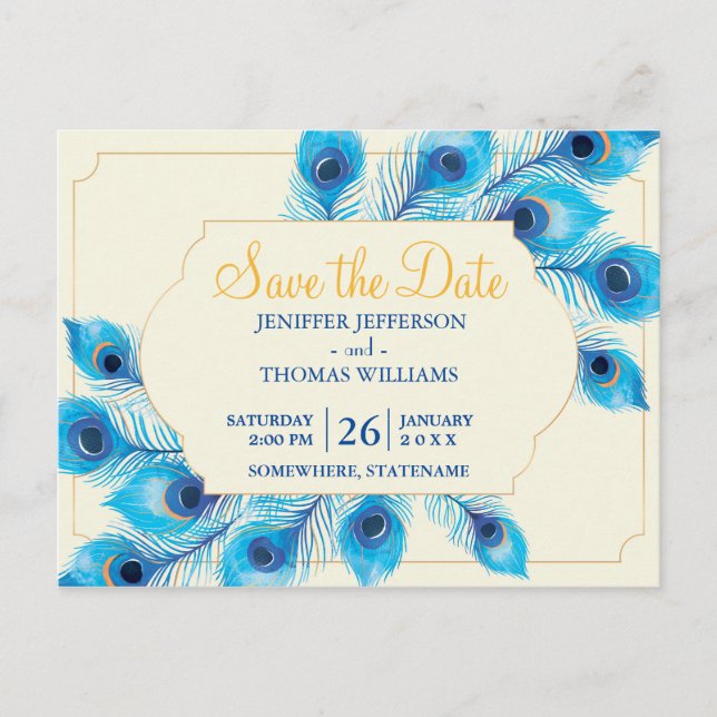 Cute Peacock save the date postcard (Front)