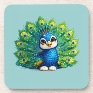 Cute Peacock with Big Eyes Kawaii Bird Design Coaster