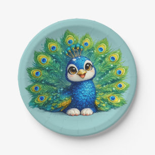 Cute Peacock with Big Eyes Kawaii Bird Design Paper Plate