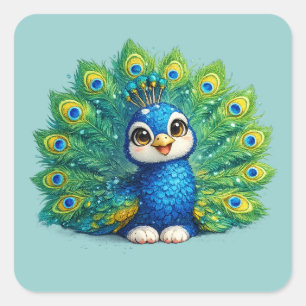 Cute Peacock with Big Eyes Kawaii Bird Design Square Sticker