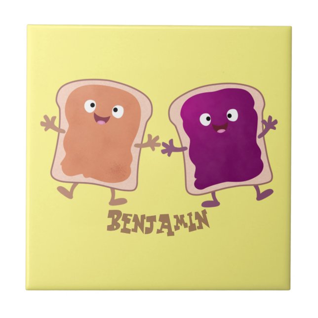 Cute peanut butter and jelly sandwich cartoon tile (Front)