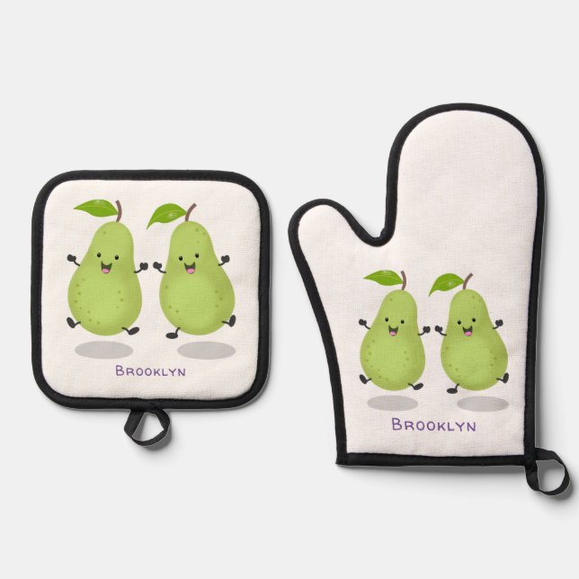 Cute pear pair cartoon illustration oven mitt & pot holder set (Front)