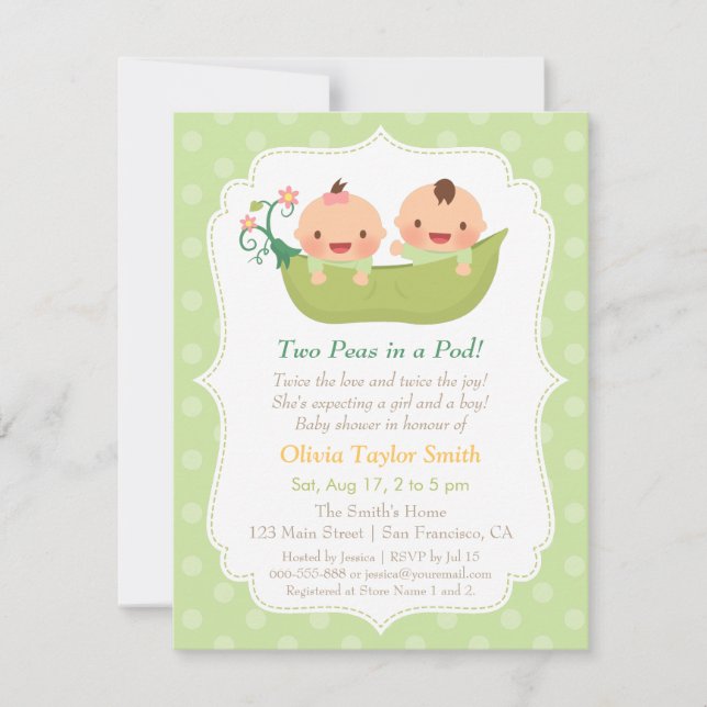 Cute Peas in a Pod Twin Baby Shower Invitations (Front)