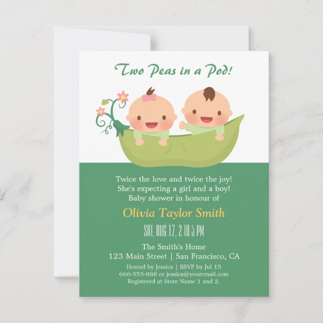 Cute Peas in a Pod Twin Baby Shower Invitations (Front)