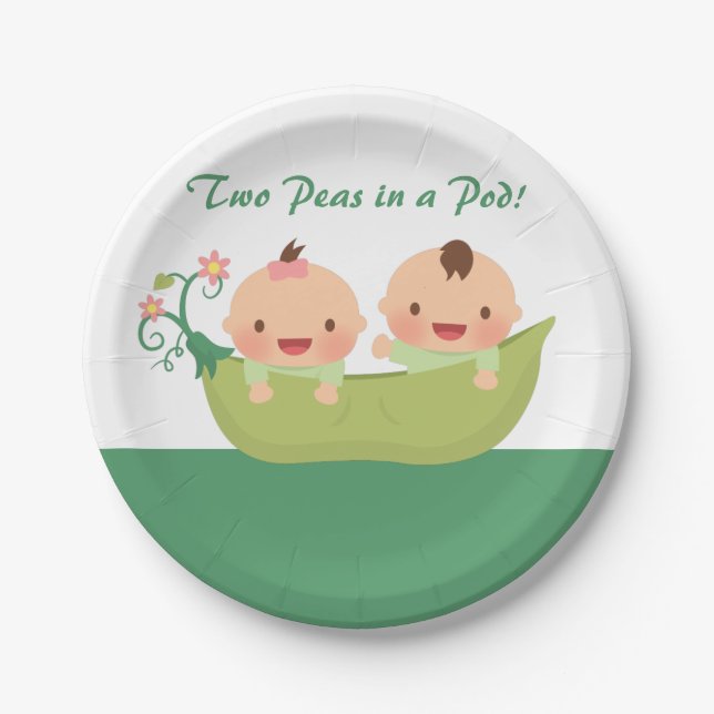 Cute Peas in a Pod Twin Baby Shower Supplies Paper Plate (Front)