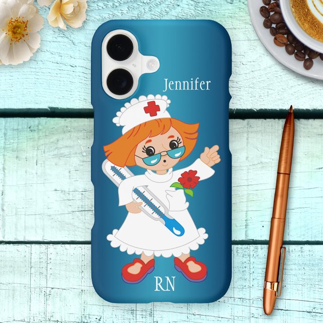Cute Pediatric Nurse Cartoon Phone Case (Cute phone case featuring a cartoon image of a nurse on a blue gradient background)