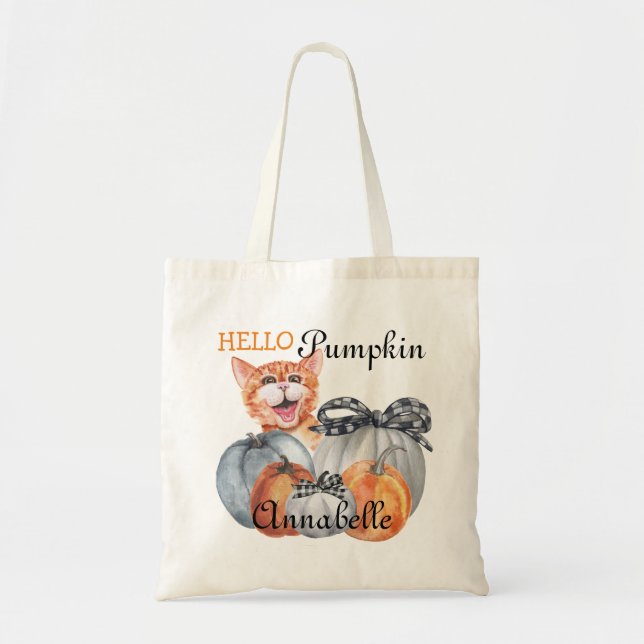 Cute Peek a Boo Orange Cat Hello Pumpkin Name Tote Bag (Front)