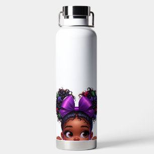 CUTE PEEKING AFRICAN AMERICAN GIRL WATER BOTTLE
