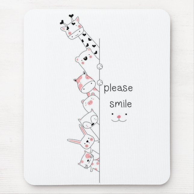 Cute Peeking Animals "Please Smile" Whimsical Spir Mouse Mat (Front)