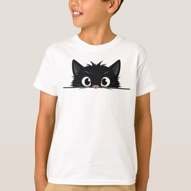 Cute Peeking Black Cat T-Shirt (Front)