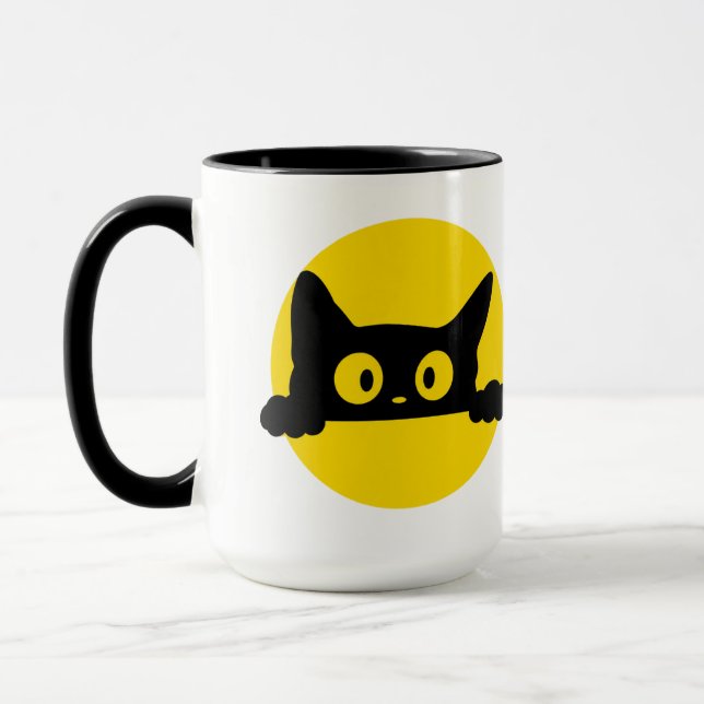 Cute Peeking Black Cat Yellow Circle Two-Tone Mug (Left)
