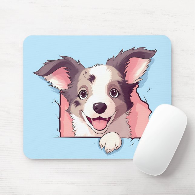 Cute Peeking Border Collie Dog Mouse Mat (With Mouse)