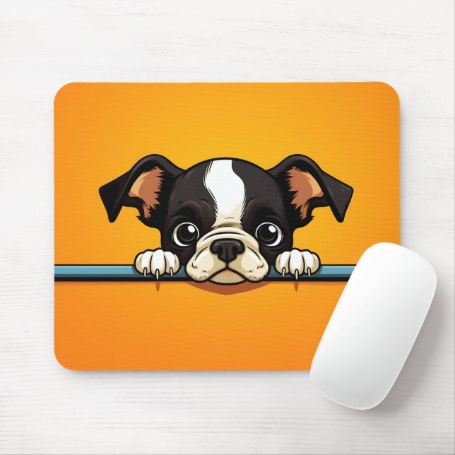 Cute Peeking Boston Terrier Dog Mouse Mat (With Mouse)