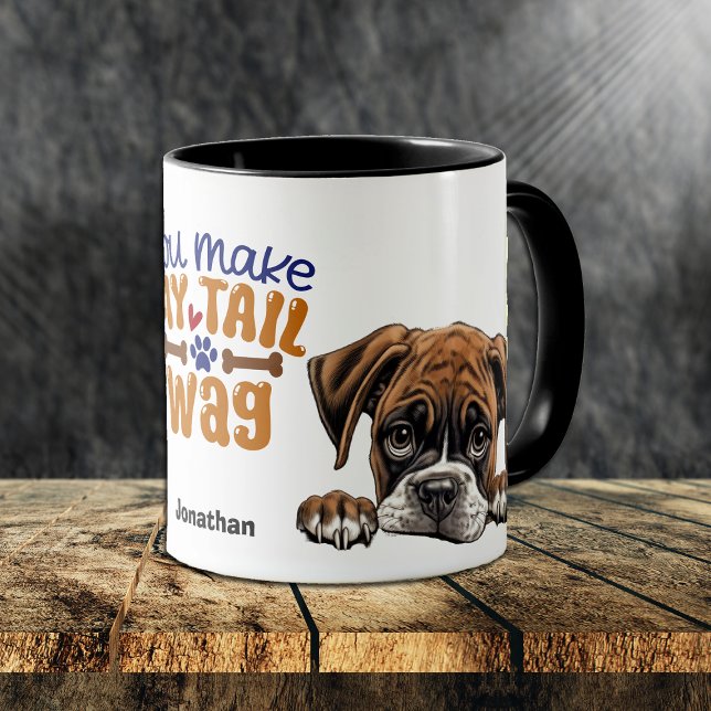 Cute Peeking Boxer Dog You Make My Tail Wag Mug (Creator Uploaded)