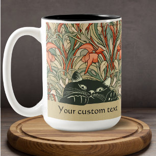 Cute Peeking Cat Art Nouveau Floral Red Green Name Two-Tone Coffee Mug