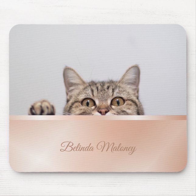 Cute Peeking Cat Rose Gold Monogram Mouse Mat (Front)