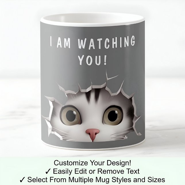 Cute Peeking Cat Watching You Funny Novelty Gray Coffee Mug (Creator Uploaded)