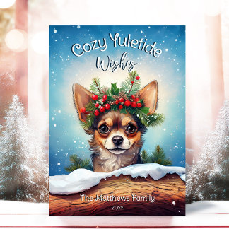 Cute Peeking Chihuahua Cosy Wishes Pine Wreath Holiday Card