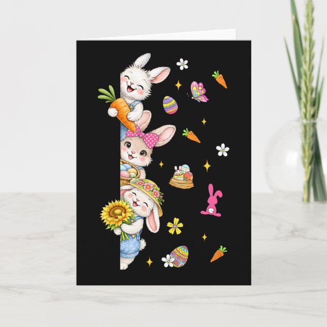 Cute Peeking Easter Bunnies Flowers Spring Eggs Ki Card (Front)
