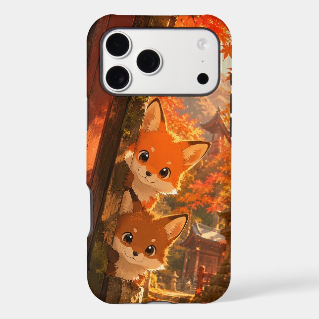 Cute Peeking Foxes Autumn Temple Maple Leaves (Back)