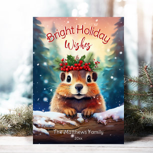 Cute Peeking Gopher Snowy Enchanted Forest Holiday Card