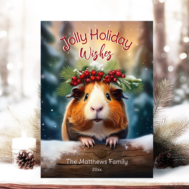 Cute Peeking Guinea Pig Snowy Winter Woodland Holiday Card (Adorable Winter Snowy Scene With Peeking Dogs or Farm/Woodland Animals - Over 50 to Choose From!)