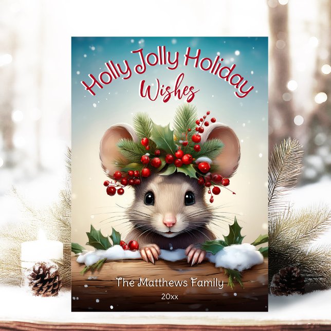Cute Peeking Mouse Holly & Berry Jolly Christmas Holiday Card (Adorable Winter Snowy Scene With Peeking Dogs or Farm/Woodland Animals - Over 50 to Choose From!)