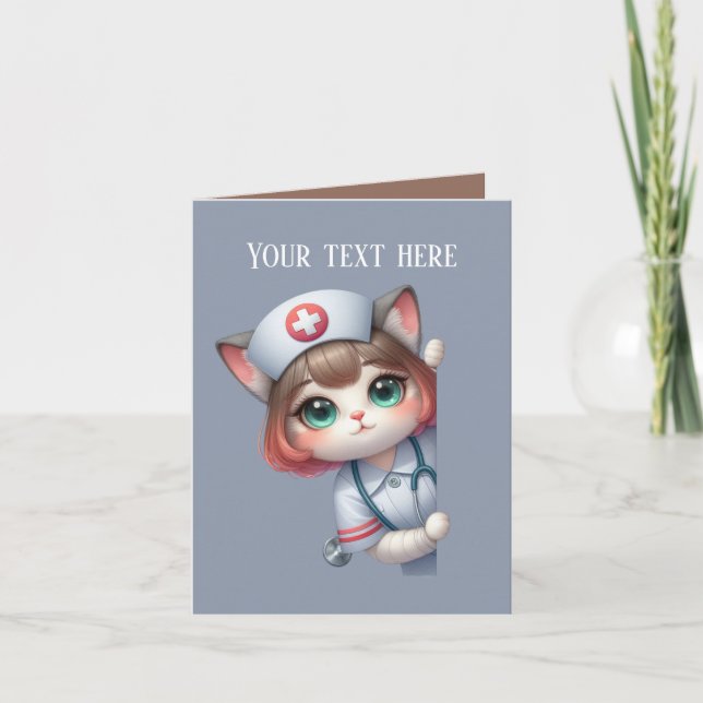 Cute peeking Nurse add message cat Card (Front)