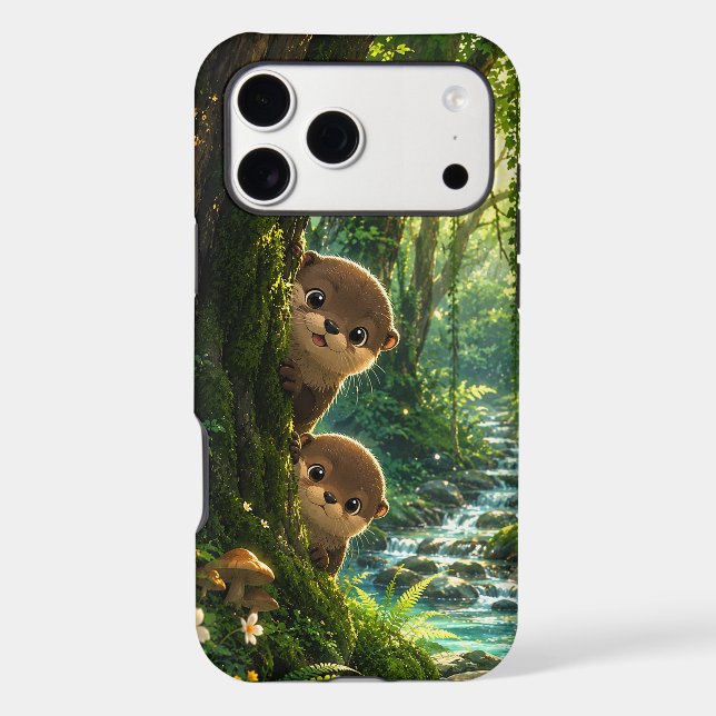 Cute Peeking Otters Lush Green Forest River (Back)