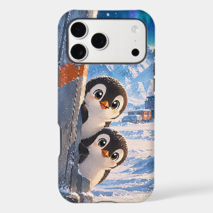 Cute Peeking Penguins Snowy Arctic Aurora
