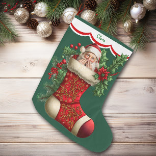 Cute Peeking Santa Claus Large Christmas Stocking