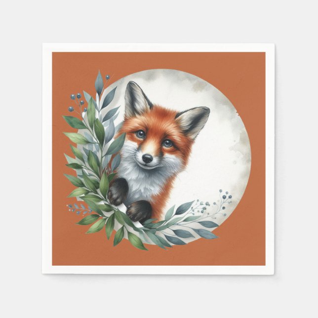 Cute peeking woodland fox party napkin (Front)