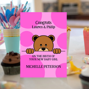 Cute Peeping Bear Cartoon Polka Dot Pink Invitation