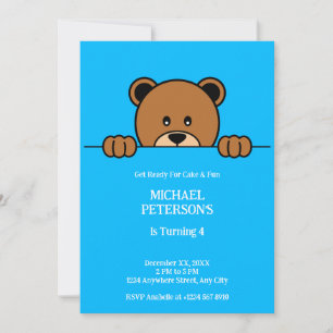 Cute Peeping Bear   Simple Cartoon on Blue Invitation