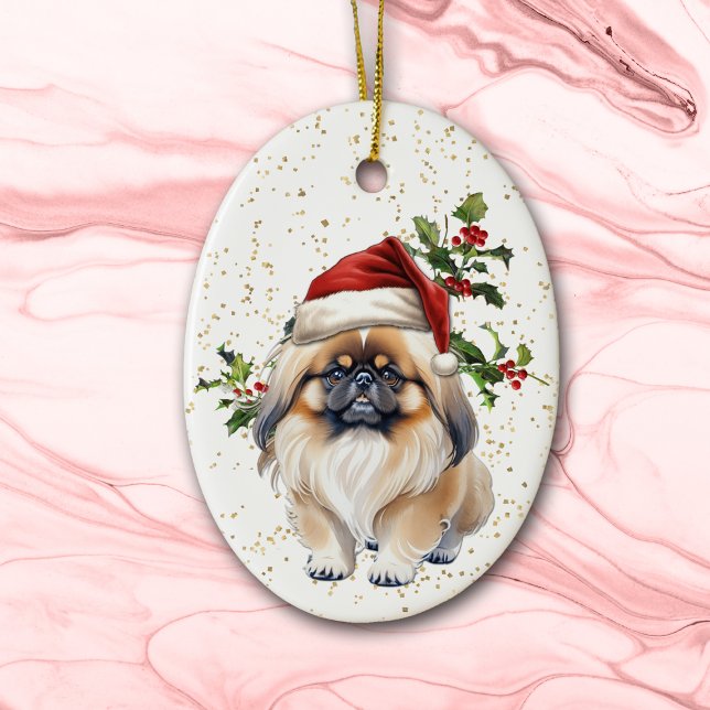 Cute Pekingese Dog Christmas Holly Ceramic Tree Decoration (Creator Uploaded)