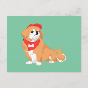 Cute Pekingese with Red Hat and Bone Bandanna Dog Postcard