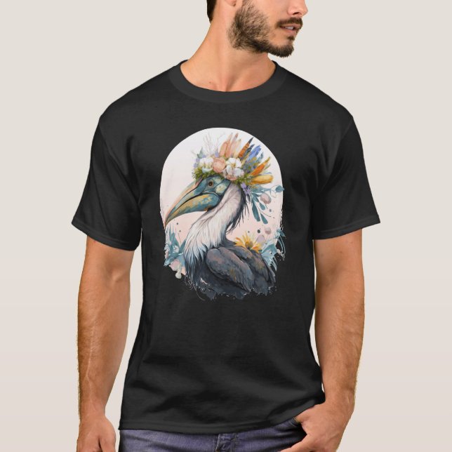 Cute Pelican Bird Flower Crown Floral Birds T-Shirt (Front)