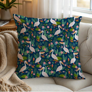Cute pelicans colourful tropical flowers pattern cushion