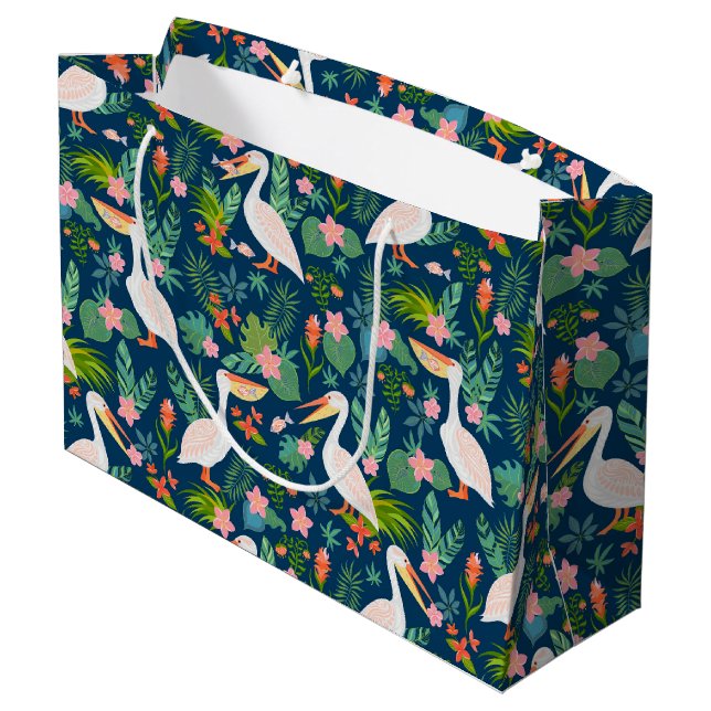 Cute pelicans colourful tropical flowers pattern large gift bag (Back Angled)