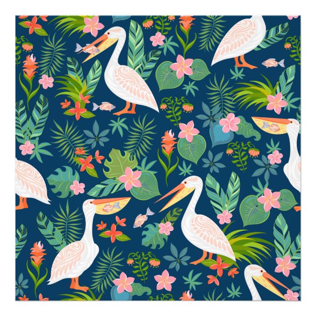Cute pelicans colourful tropical flowers pattern photo print (Front)