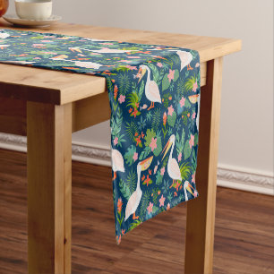 Cute pelicans colourful tropical flowers pattern short table runner