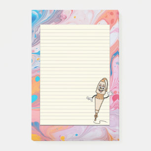 Cute pen mascot on colourful marble background post-it notes