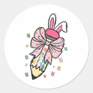 Cute Pencil Coquette Bow Bunny Easter Day Teacher Classic Round Sticker